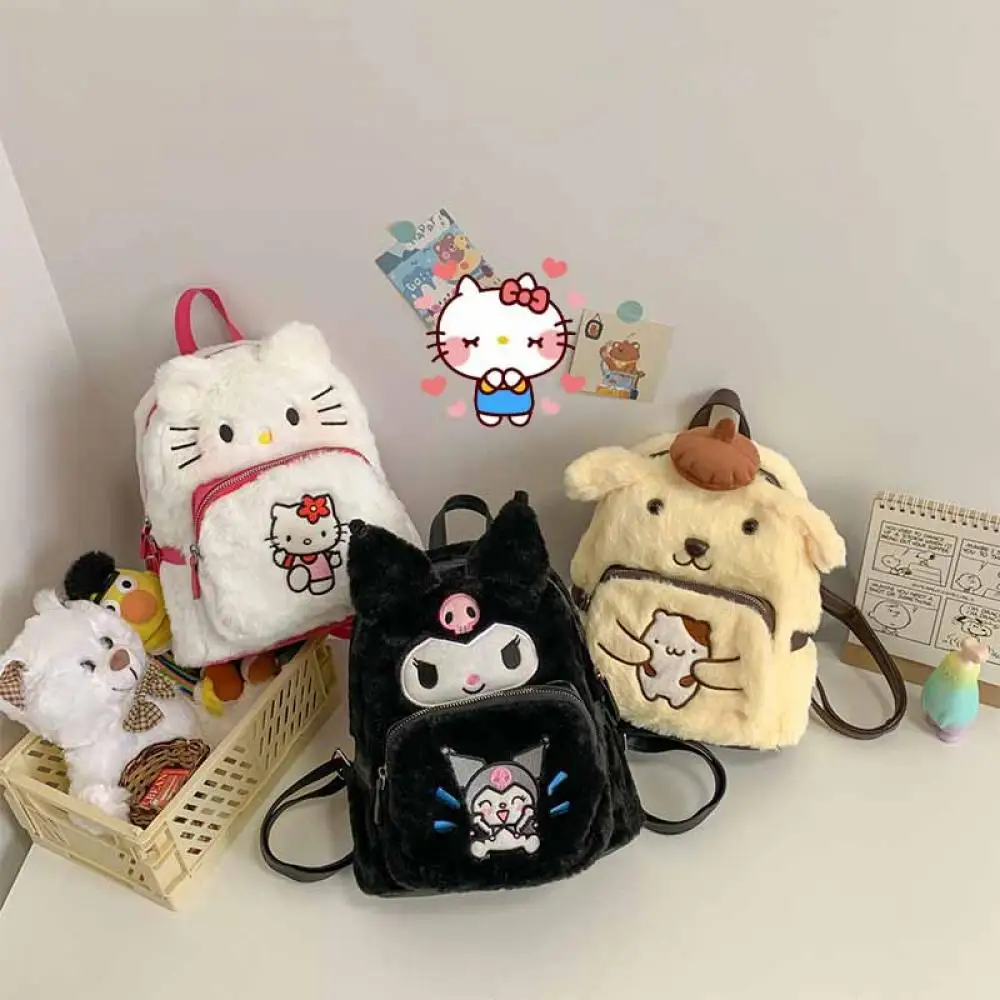 

2023 Cartoon Sanrio Hello Kitty Kulomi Pompompurin Cute Plush Backpack Student Portable Large Capacity Zipper Soft Handbag Gifts