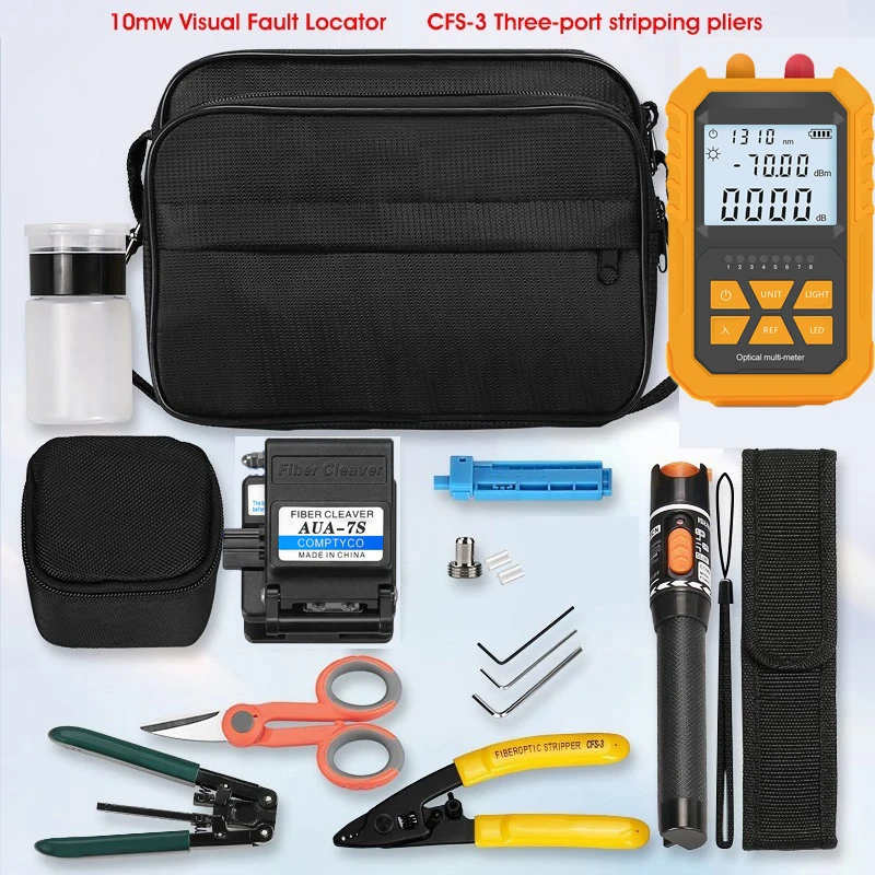 Fiber Optic Tool Kit AUA-7S Fiber Cleaver -70~+6dBm/-50~+26dBm 3 in 1 Mini Optical Power Meter with 10Mw Visual Fault Locator