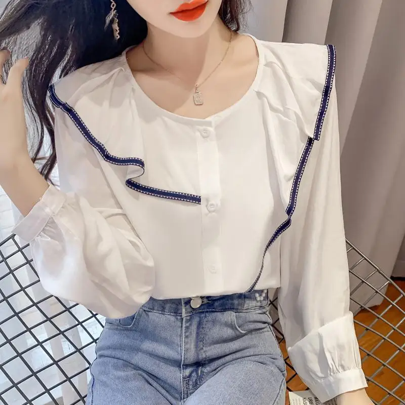 Модная шифоновая рубашка с круглым вырезом и пуговицами оборками женская одежда