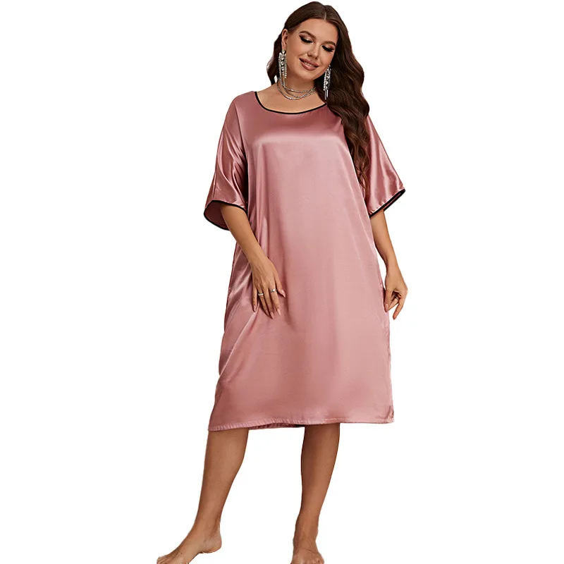 Plus Size Pajamas Summer Thin Section Breathable Women's Round Neck Dress Sexy Nightdress Ladies Ice Silk Home Service