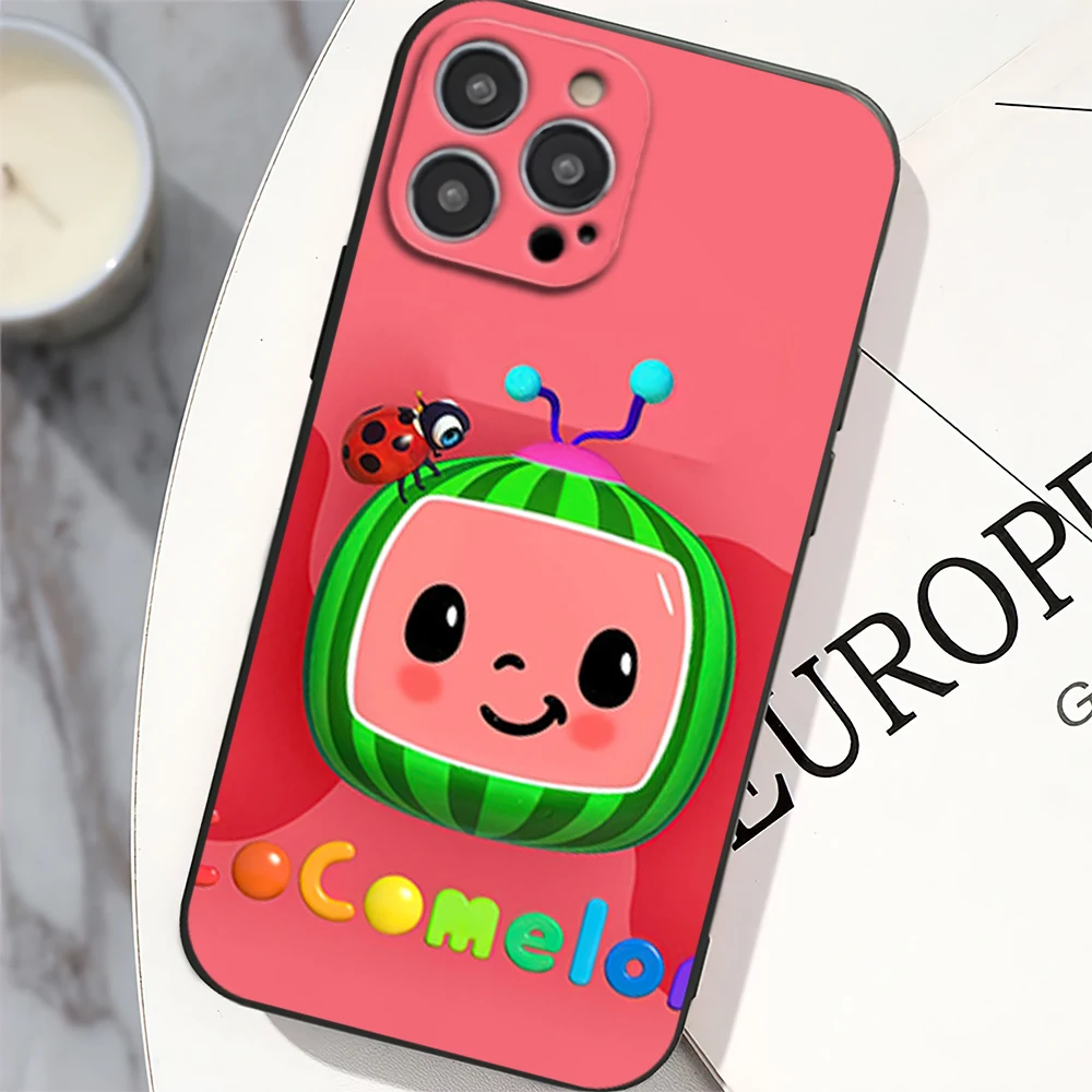 Cartoon C-CoComelons Phone Case for iPhone 12 11 13 14 15 16 Max Pro Plus Black Soft Silicone Cover