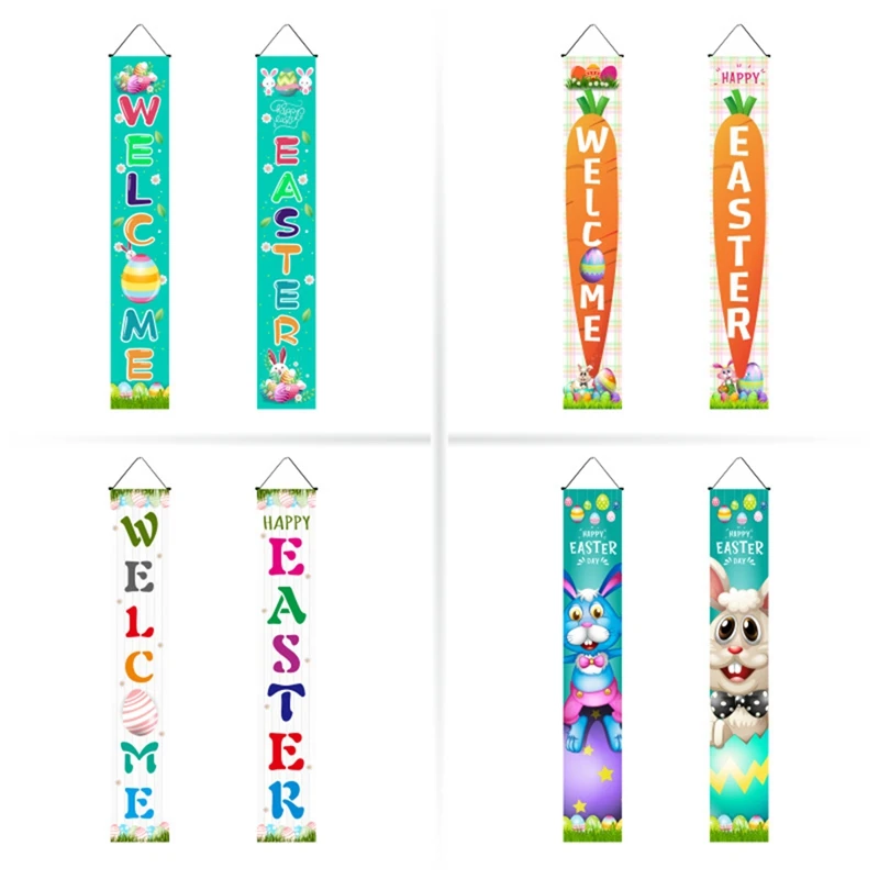 

4 Pair Easter Day Decoration Porch Sign Happy Easter Hanging Banners Easter Eggs Door Hangers For Home Wall Decoration