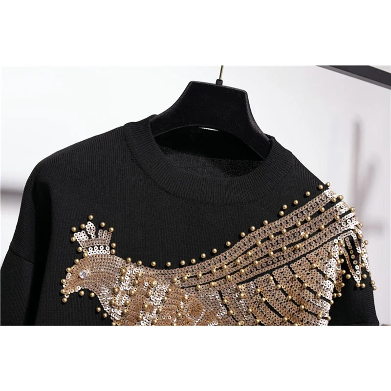 Черный вязаный спортивный костюм с бисером и блестками Феникс женская одежда
