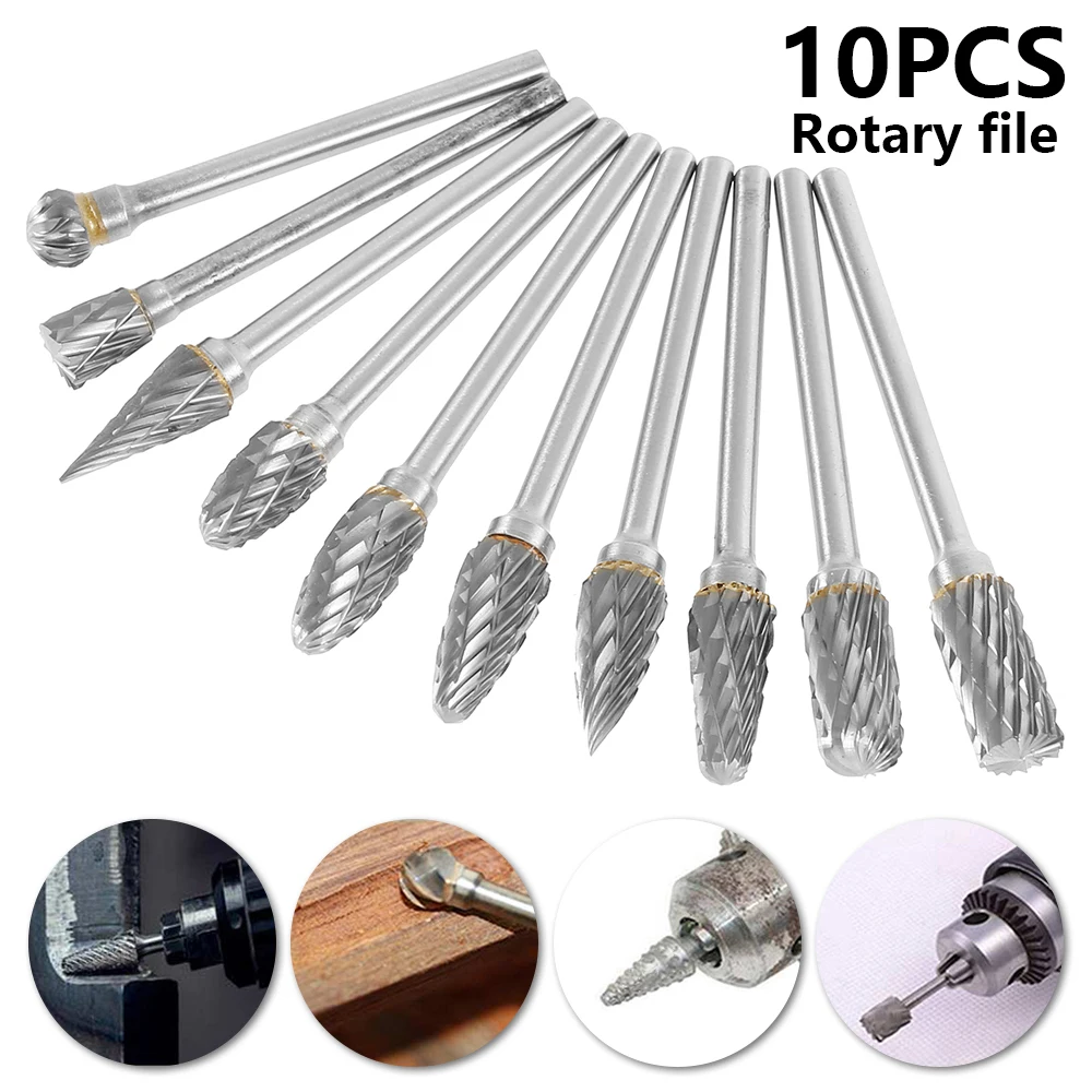 

10PCS Burrs Bits 1/8" Shank Tungsten Carbide Milling Cutter Rotary Tool Double Diamond Cut Rotary Dremel Tools Electric Grinding