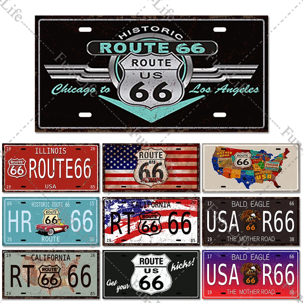 

Route 66 Vintage Metal Tin Signs Car License Plate Poster Plaques Store Bar Pub Garage Wall Decoration