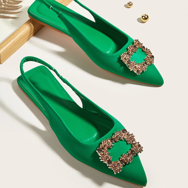 

2022 Summer New Fashion Green Crystal Buckle Pointed Toe Slingback Shoes Brand Shallow Slip Mules Ladies Flat Dress Sandals