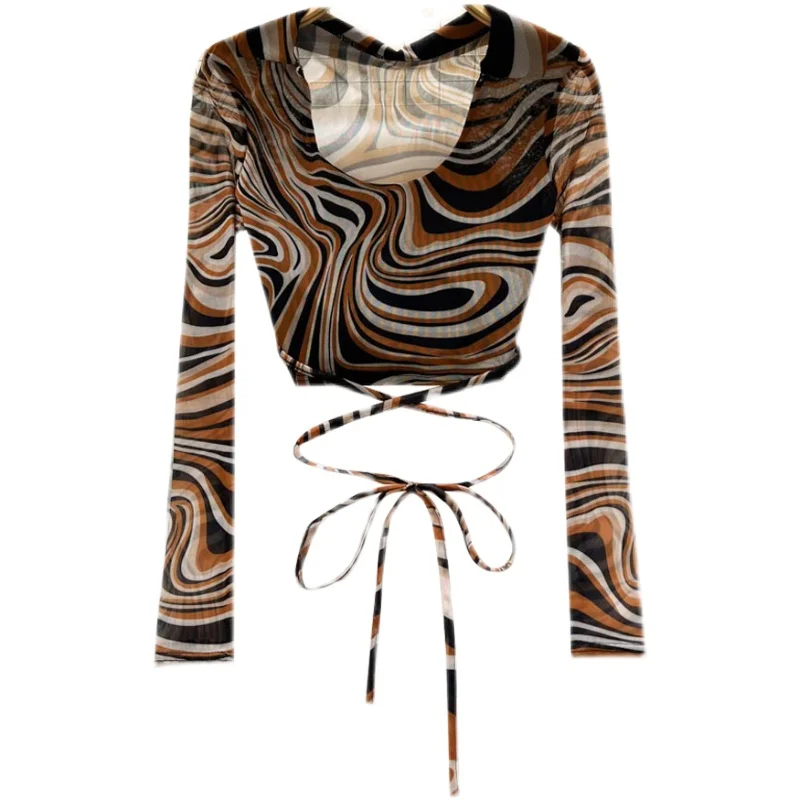 

2023 Spring new sexy heart-wrenching long-sleeved T-shirt women clothing Lace-up