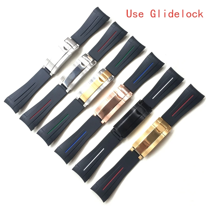

20mm New Black Curved End Silicone Rubber Watchband Replace For Role strap Daytona Submarine GMT Bracelet With Glidelock Clasp