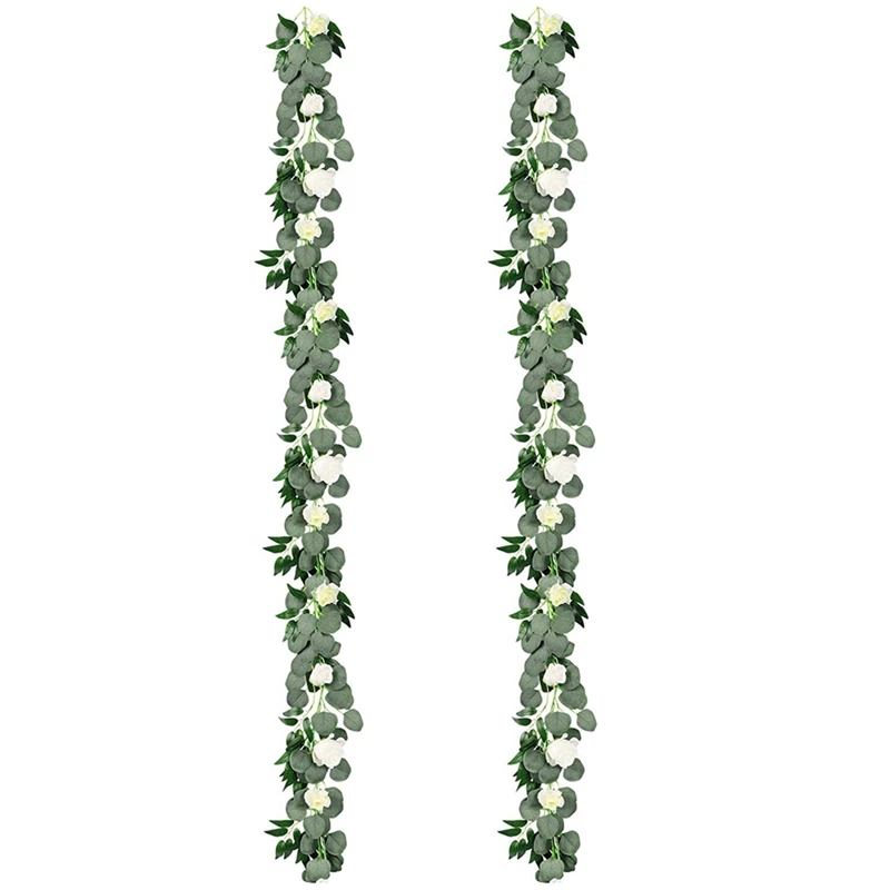

2 Packs Artificial Eucalyptus Garland with Willow Vines Twigs Leaves Silk White Rose, Rose Vine Eucalyptus Strands