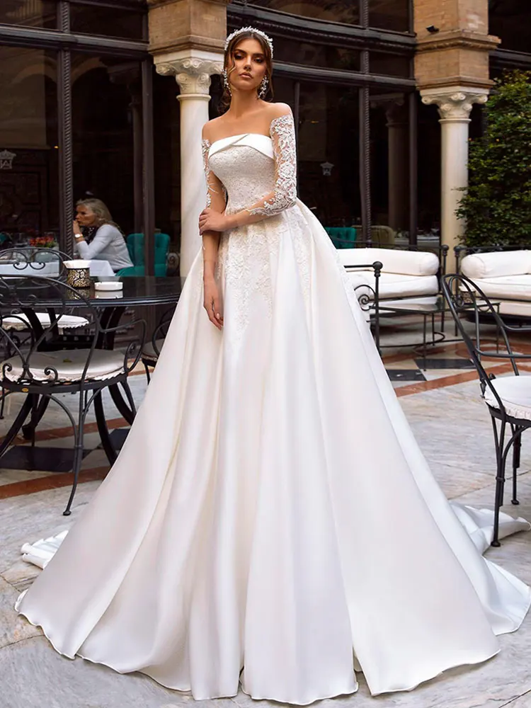 

Элегантное свадебное платье до пола с открытой спиной три четверти вырезом лодочкой открытыми плечами и шлейфом Свадебное платье на заказ