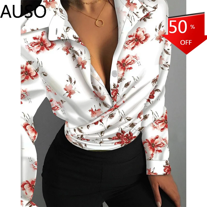 

2022 Autumn Fashion Commuting Printing Shirt Women Top Slim Long Sleeve Shirts Elegant Temperament Turndown Collar Blouses