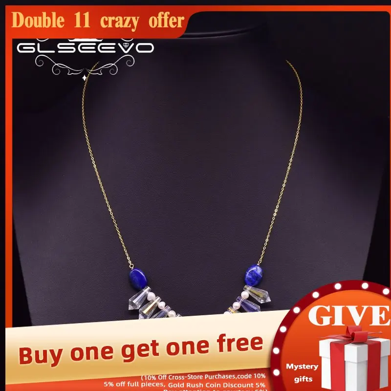 

GLSEEVO Real Natural Pearl Crystal Pendant Necklace For Women Girls Party Lapis Lazuli Silver 925 Jewelry Original Design GN0190