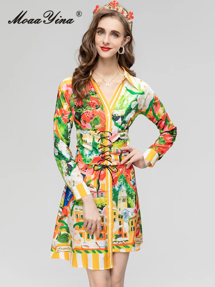 

MoaaYina Summer Fashion Designer Vintage Casual Print Dress Women's Lapel Diamond Beading Button Drawstring Irregular Mini Dress