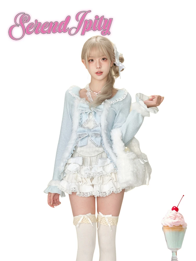 Японский винтажный комплект из 3 предметов Kawaii осенний вязаный свитер с милым