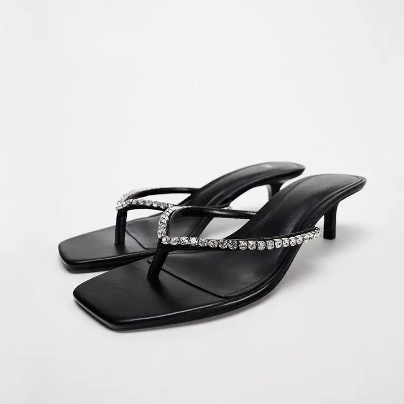 DMZA 2024 новые летние шлепанцы на высоком каблуке со стразами и бисером простой