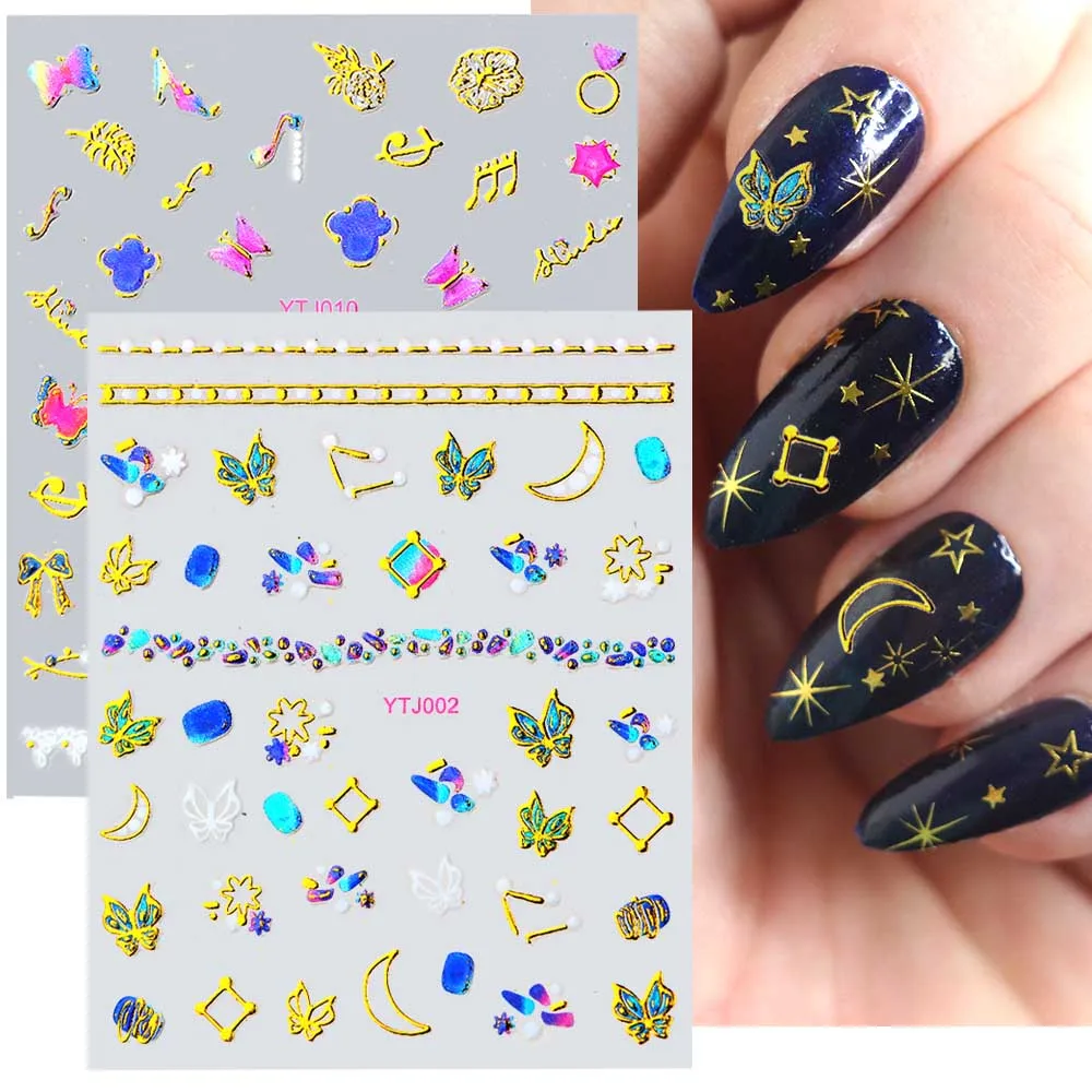 20 шт. 3D золотые звезды луна наклейки для ногтей металлические Алмазные цветы