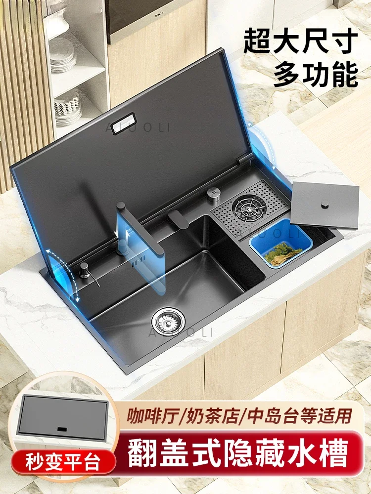 

Hidden Cup Cleaner Sink with Cover Plate Kitchen 304 Stainless Steel Sink Multi-Functional Nano Large Single Sink