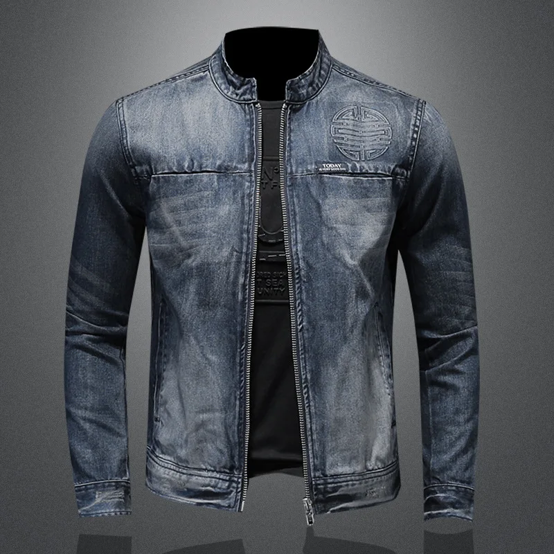 

Spring Autumn Denim Jacket Men Personality Stand Collar Motorcycle Denim Jacket Casual Zipper Style Denim Jacket Men M-5XL