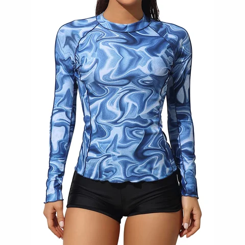 Женские рубашки с длинным рукавом Anfilia, одежда для плавания, топ для защиты от сыпи, топ для серфинга, топ с принтом и краской, футболка в обтяжку UPF 50 +
