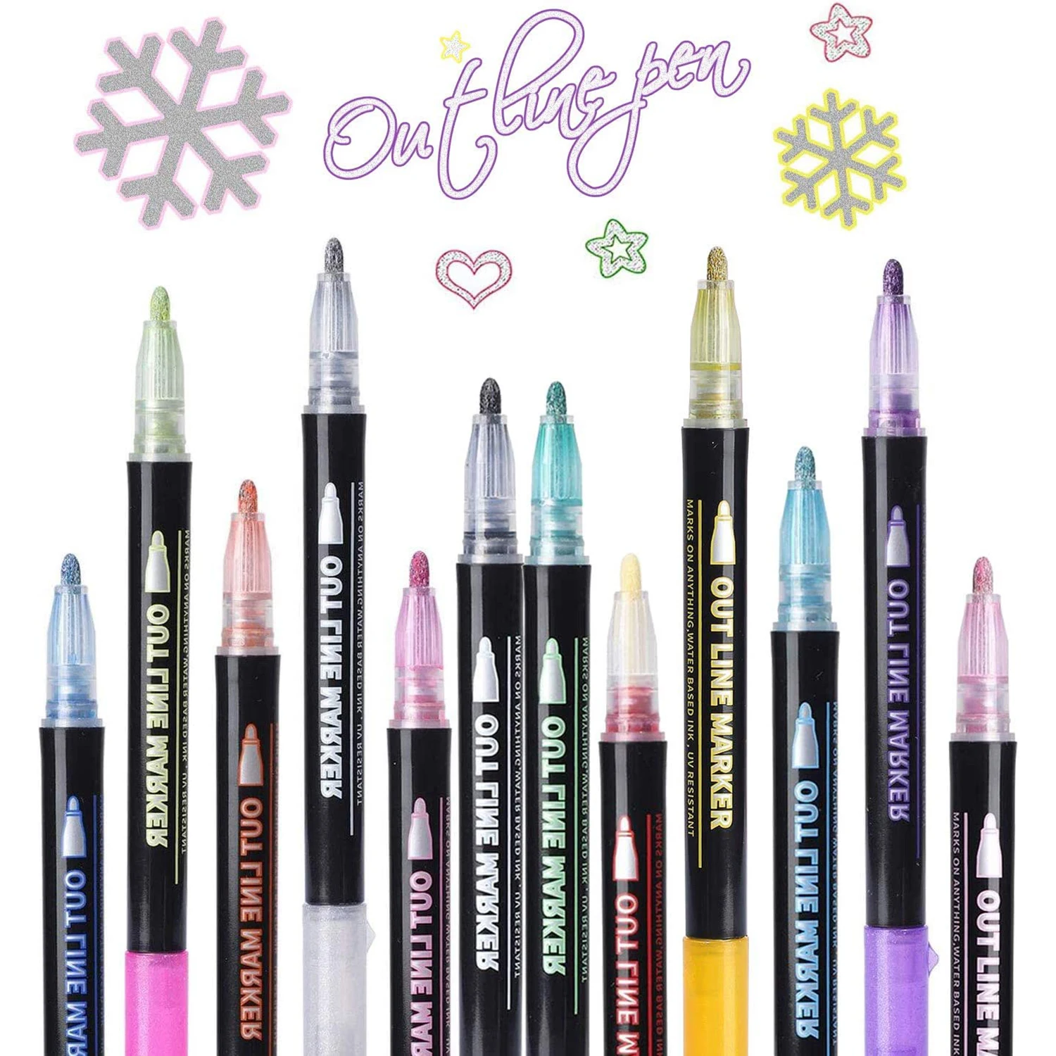 Double Line Metallic Markers Outline Metal Marker Pens 12/24 Colors Paint Permanent Pen for Writing and Drawing Lines on Paper