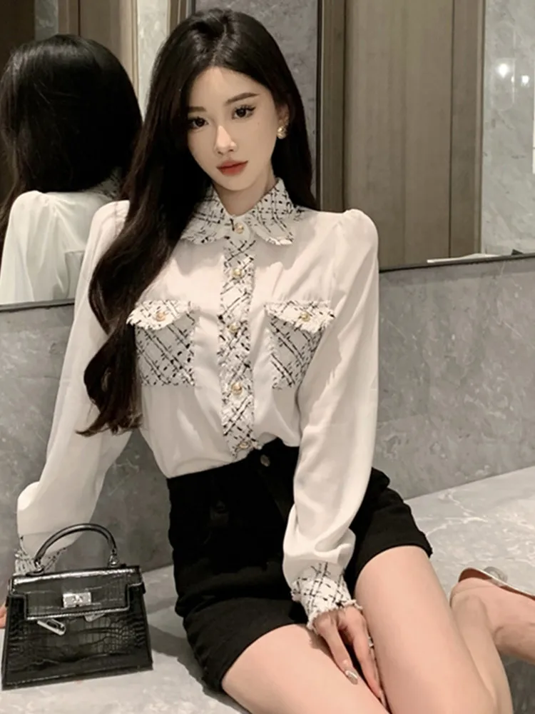 

SMTHMA New Autumn French Celebrity Temperament Small Fragrance Tweed Chiffon Long Sleeve Top Women Plaid Woolen Blouse