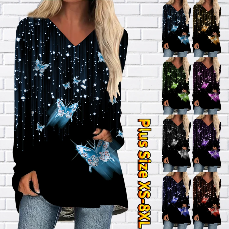 

Female Vintage Elegant Long Sleeve V-Neck Top Butterfly Print Pullover Autumn Winter Everyday Street Trend Loose Size T-shirt
