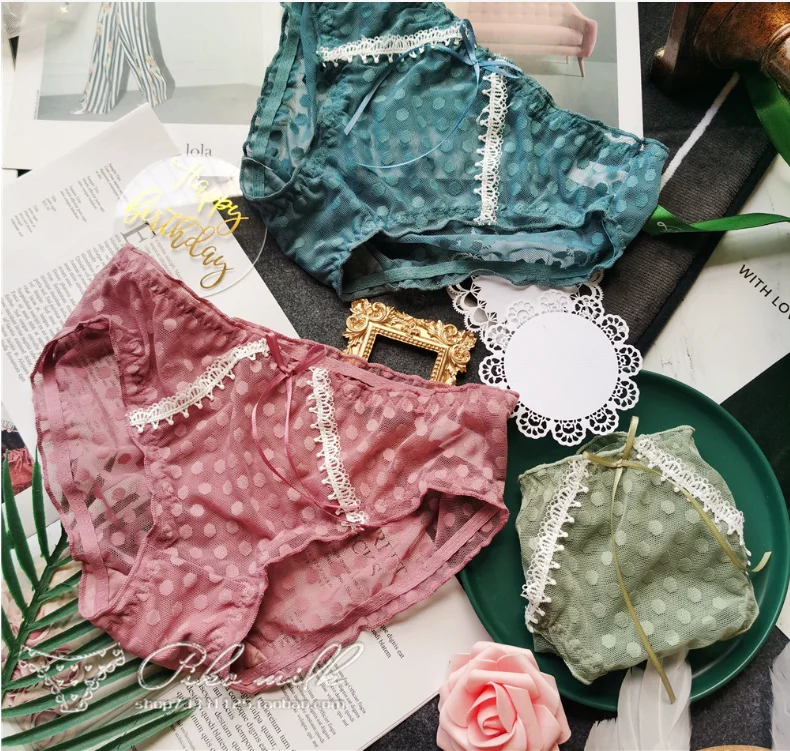

Female Briefs Vintage Mori Sexy Polka Dot Lace Edge Cotton Blocking Low-Waist Mesh comfortable cozy Buttocks Lady's Underwear