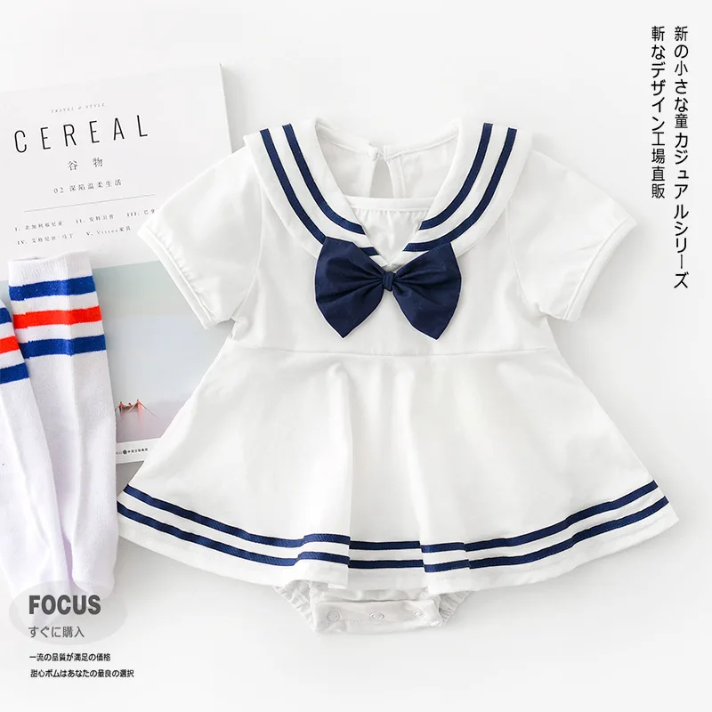 

Summer Baby Girl's Clothes Jumpsuit Clothes Naval Style Dress Skirt Short Sleeve Thin Infant Bodysuit Naval Wind Dress