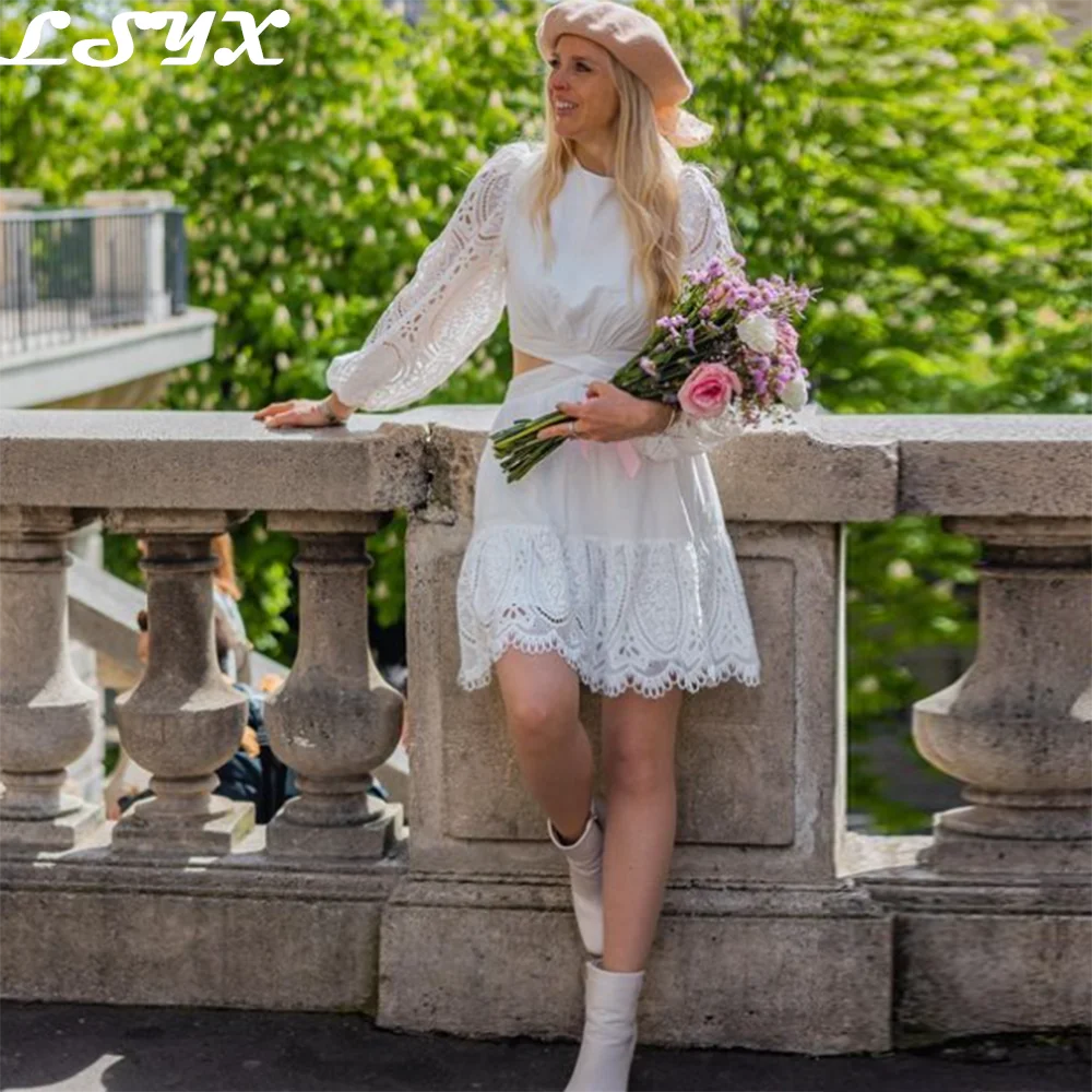 

Белое мини-платье с круглым вырезом LSYX, кружевная аппликация, короткое вечернее платье с открытыми плечами и открытой спиной, трапециевидное, для выпускного вечера, 2023