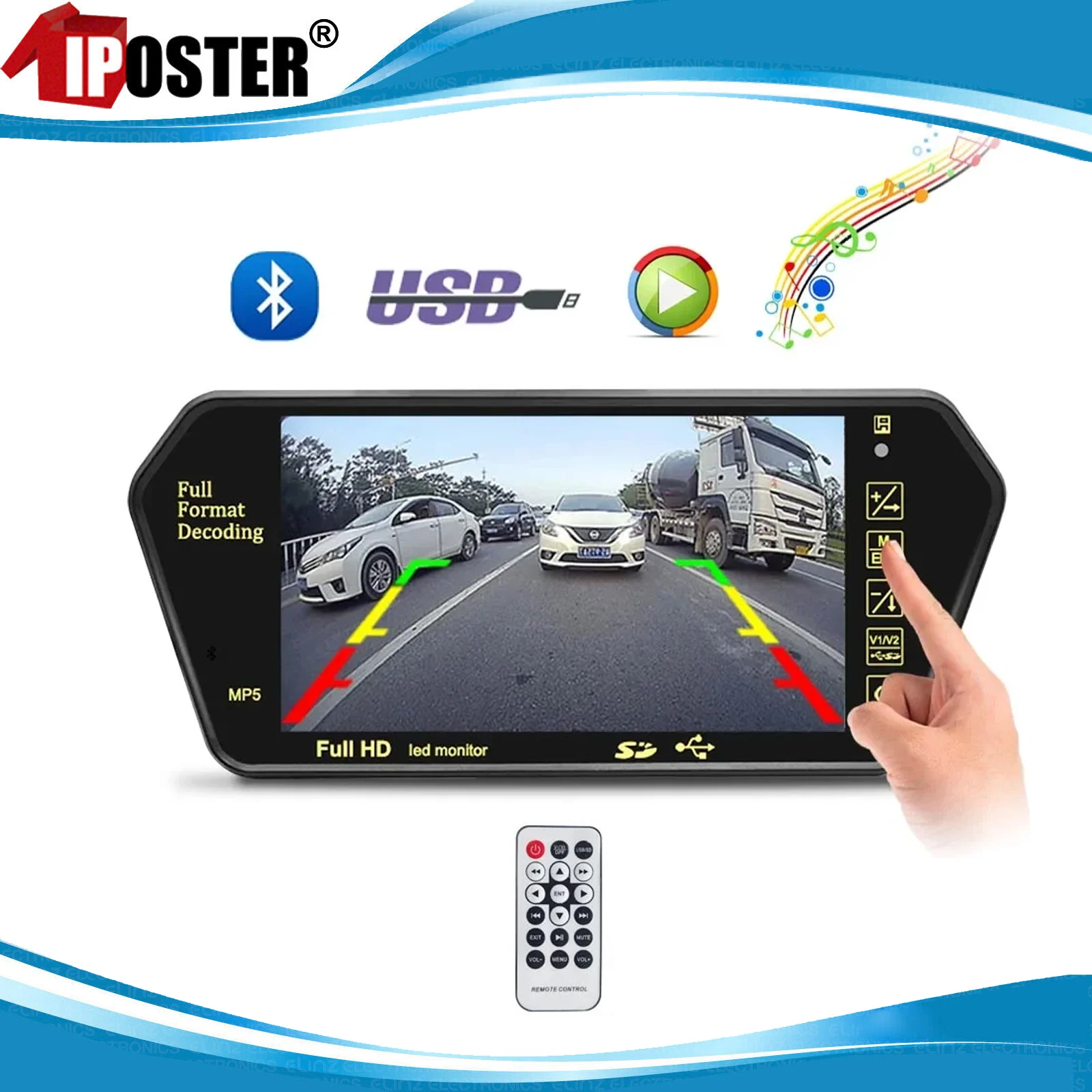 iPoster 7-дюймовый зеркальный монитор заднего вида 12-24 В + 2 ИК-камера CCD HD с пружинным