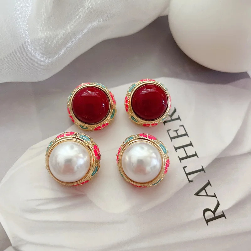 

Vintage palace baroque style drop glaze enamel pearl earrings jewelry stud Middle ancient Piercing accessories