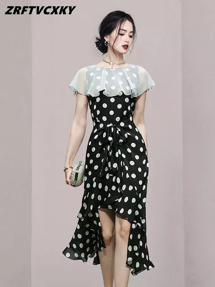 

Summer Fashion Lotus Leaf Sleeve Dresses Vintage Polka Dot Printed Chiffon Fishtail Dress Designer Slim Patchwork Work Vestidos