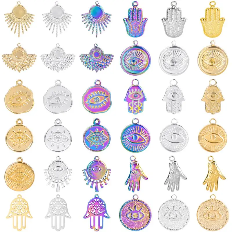 

10PCS HAMSA Charm Evil Eye Stainless Steel Trendy Waterproof Pendants Jewelry Making Craft Amulet Necklaces for Women Jewellry