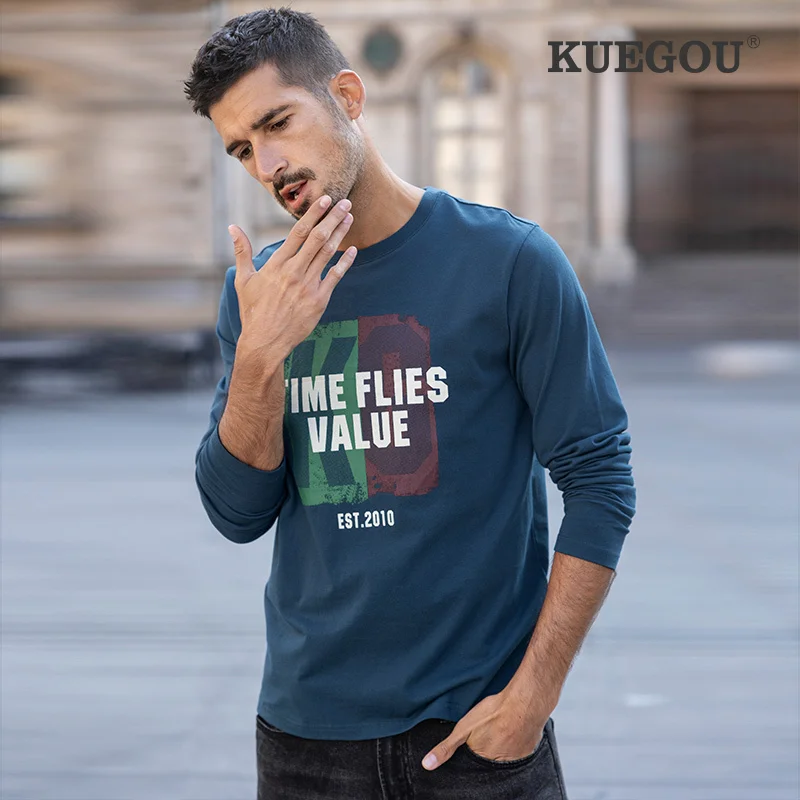 

KUEGOU 100% Cotton Graphic T-Shirt For Mens Vintage Tee Shirt Man Long Sleeve Top Male Korean 2022 New Oversized Tshirt 60049