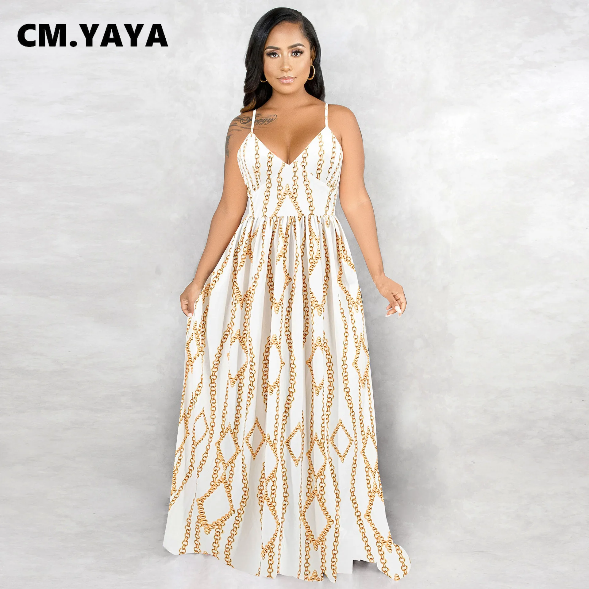 Женское длинное платье-макси с завышенной талией и V-образным вырезом |