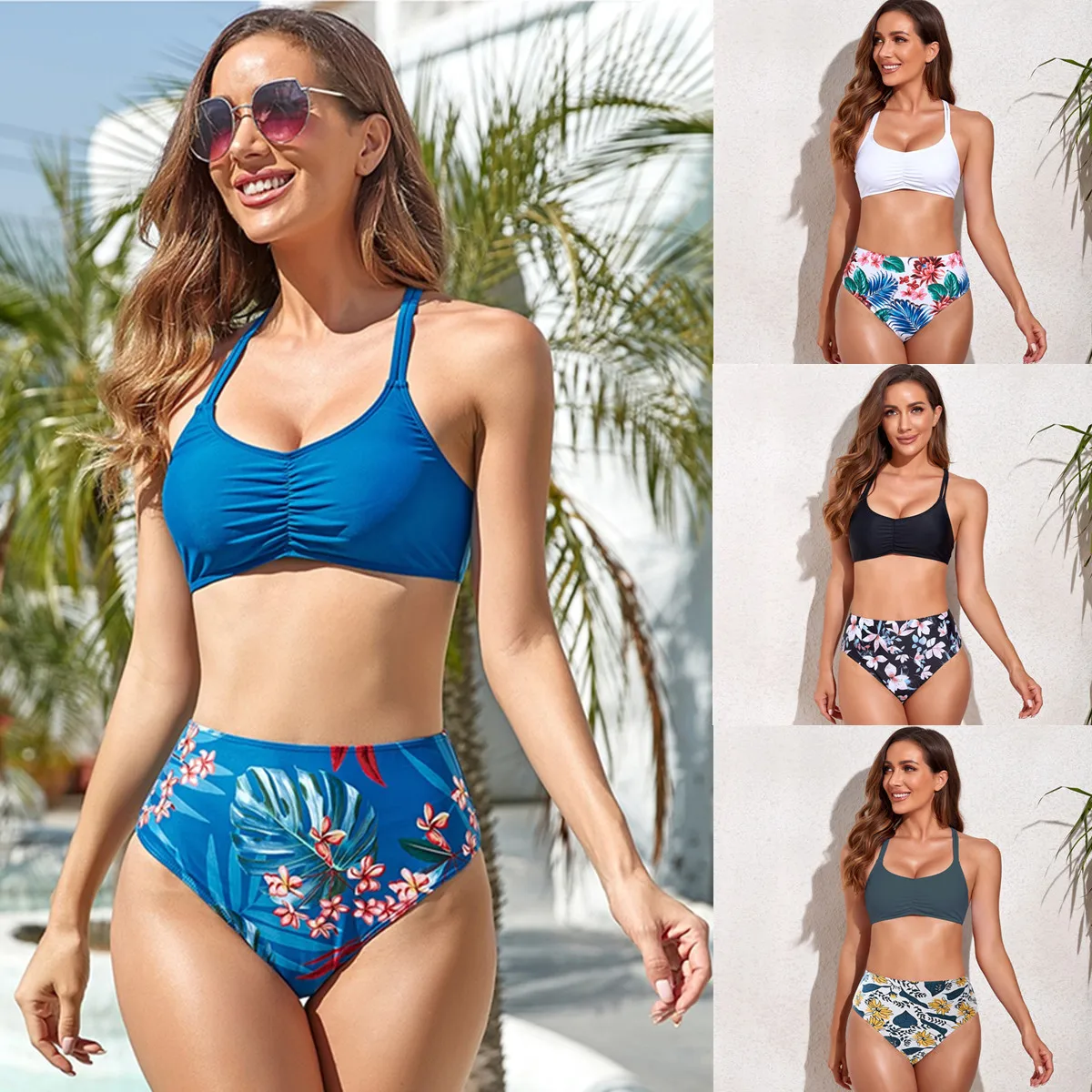 

Women's Pleated Bikini Swimsuit Sexy High Waist Two Piece Print Swimsuit