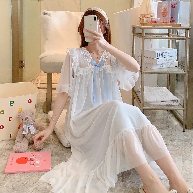 Womens's Short Sleeves Summer Palace Nightgown ,Japanese and Korean Fashion Lace Homedress, Princess Sweet and Sexy Sleepshirt