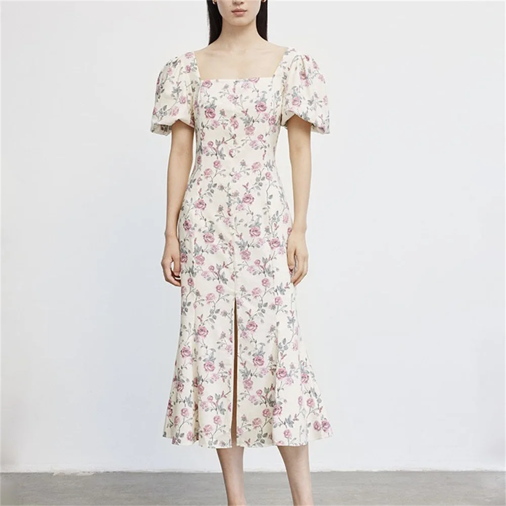 Fragmented Flower Dress for Summer Women's Dresses Slim Fit Waist Wrapped Ladies Puff Sleeve Front Slit Fishtail Robes 2023 New