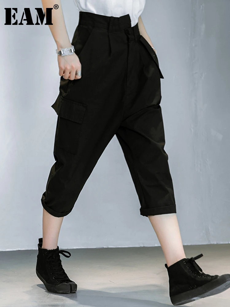 

[EAM] High Elastic Waist Black Long Casual Long Harem Trousers New Loose Fit Pants Women Fashion Tide Spring Summer 2022 1DD9654