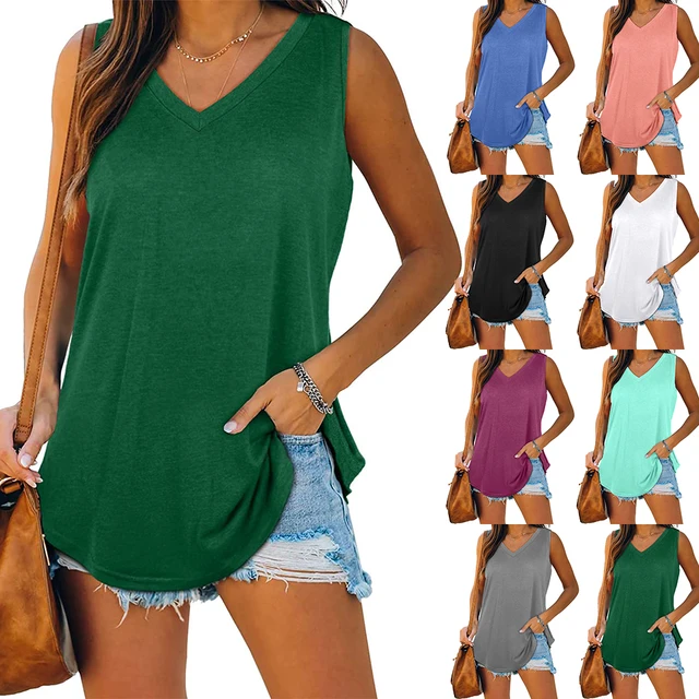 Womens Tank Tops V Neck Basic Solid Color Casual Flowy Summer Sleeveless