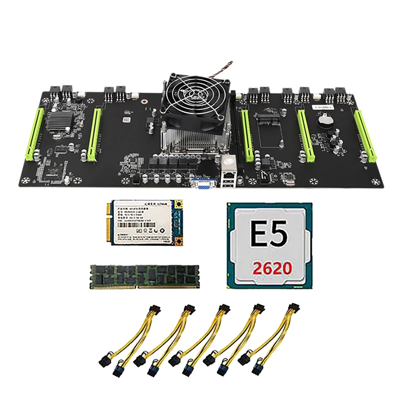 ETH79-X5B BTC Mining Motherboard With E5 2620 CPU+128G SSD+8G DDR3 RAM+Fan+5 Power Cable H61 LGA2011 80Mm PCIE 16X Slot