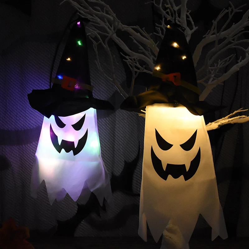 

Horror Halloween Hanging Ghost LED Lights Glowing Wizard Hat Ghost Lamp For Home Halloween Party Decorations Haunted House Prop