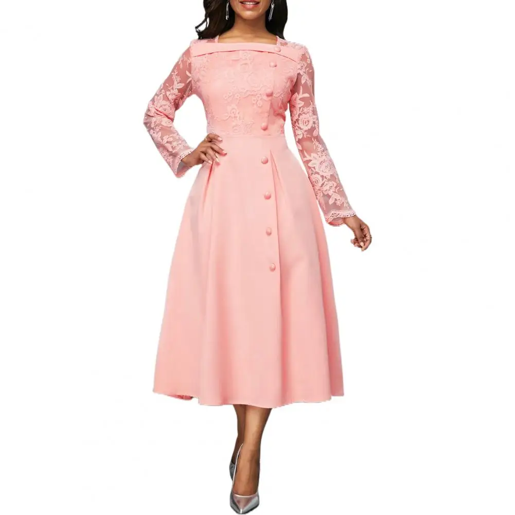 

Autumn Maxi Dress Long Sleeves Button Decor Square Collar Lace Patchwork Elegant High Waist Midi Dress for Wedding Party Wear