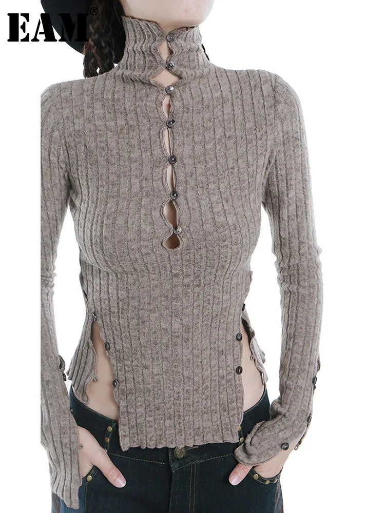 

[EAM] коричневый тонкий вязаный свитер с разрезом, свободный крой, водолазка с длинным рукавом, женские пуловеры, новая мода осень-зима 2022 1DF3390