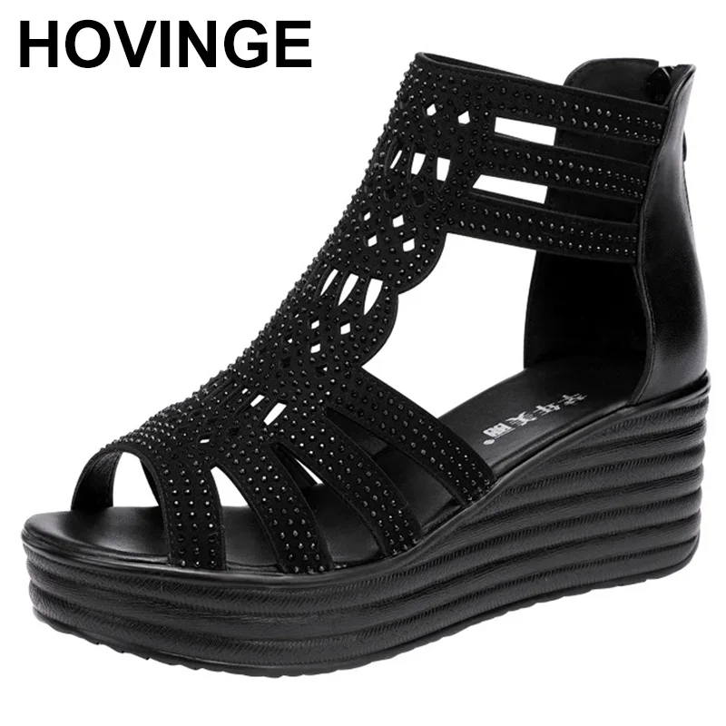 

2023 Summer Hollow Out Comfortable Wedges Sandals Women Large Size 41 Female Genuine Leather Open Toe Cowhide Diamond Shoes
