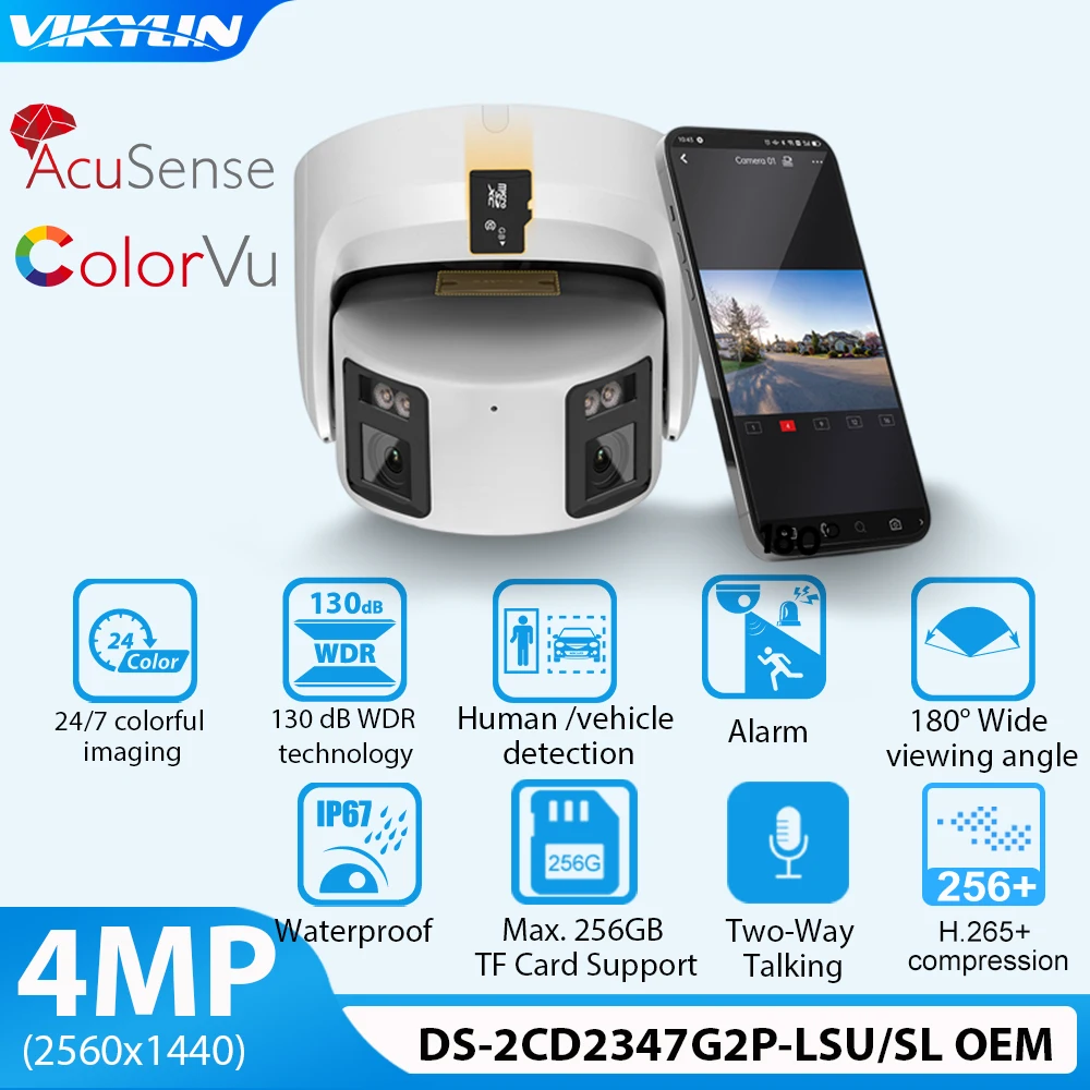 

Vikylin Outdoor Security IP Camera Panoramic 4MP HD Dual Lens DS-2CD2347G2P-LSU/SL AcuSense ColorVu POE Light Audio Alarm CCTV