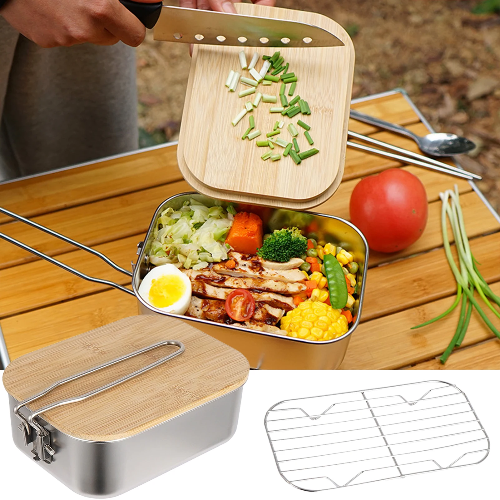 

Портативный Ланч-бокс Для кемпинга Bento Box 304 из нержавеющей стали с разделочной доской, коробка Для бенто, герметичный Ланч-бокс, чехол Для Ед...