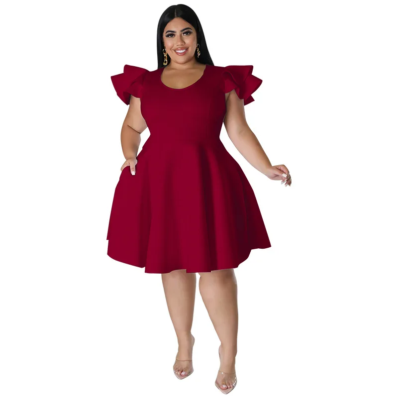 

Women Plus Size Dresses Elegant Party Solid Ruffles Sleeve Big Hem Midi Dress Hot Sale New Wholesale Dropshipping