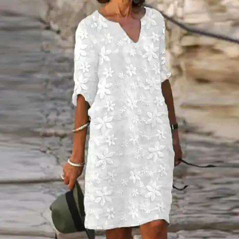 2023 Fashion Women Beach Shirts Dress Spring Fare Short Sleeves Loose Boho Style Beach Party Dresses Casual Female Solid Dress