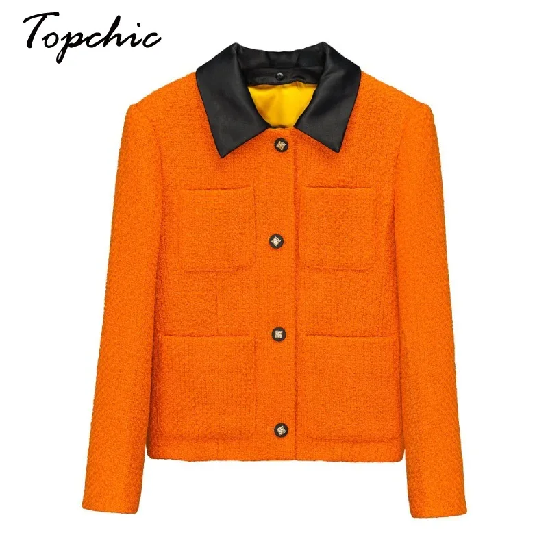 

Женская твидовая куртка с отложным воротником, элегантный Дизайнерский Жакет оранжевого цвета, Осень-зима 2023